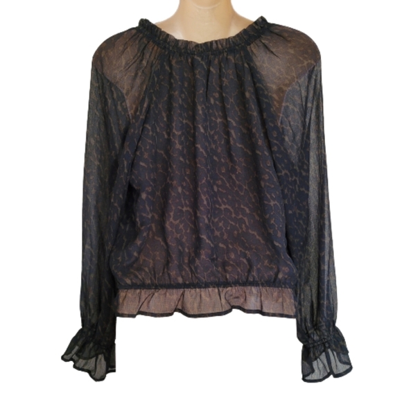 American Eagle Black Cheetah Print Sheer Long Sleeve Blouse Size Women's Small - Picture 2 of 9